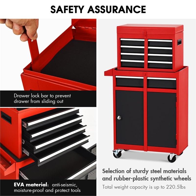 Pemberly Row 5 Drawer Rolling Tool Chest Cabinet Metal Storage in Black and Red