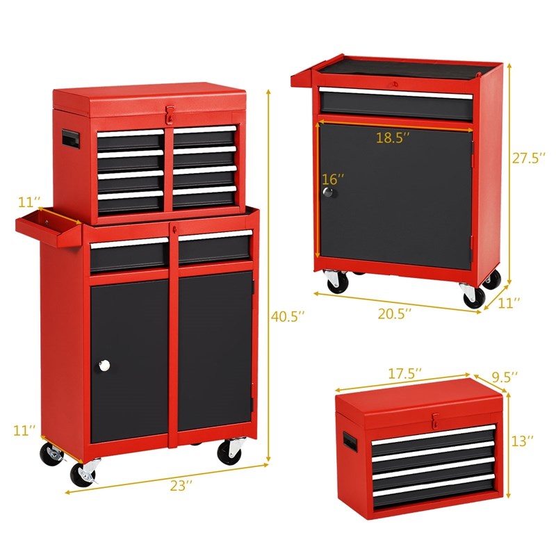 Pemberly Row 5 Drawer Rolling Tool Chest Cabinet Metal Storage in Black and Red