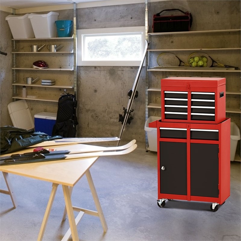 Pemberly Row 5 Drawer Rolling Tool Chest Cabinet Metal Storage in Black and Red