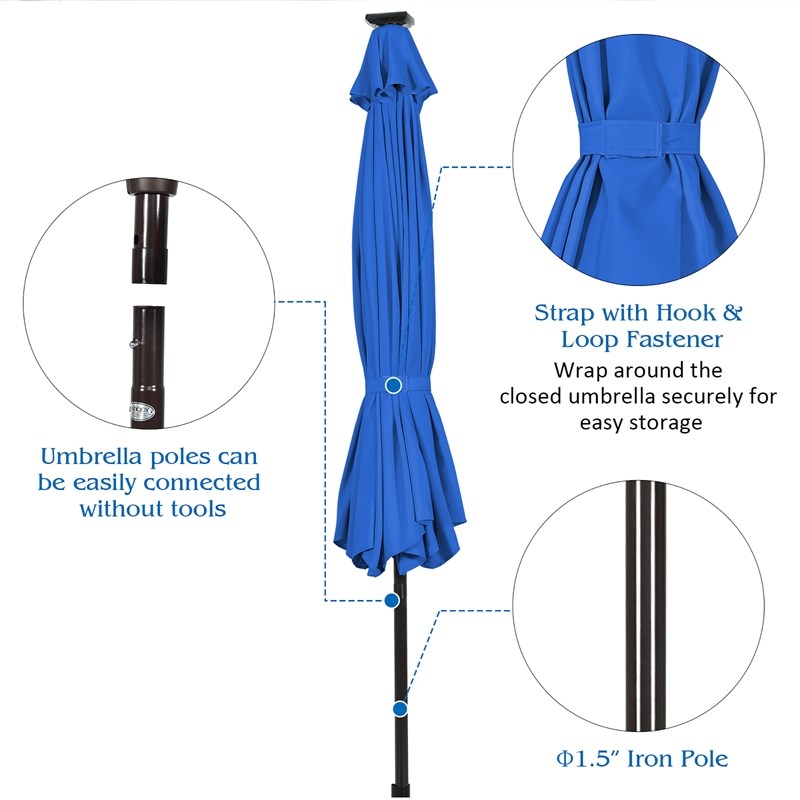 Pemberly Row 10ft Patio Solar Umbrella LED Patio Market Steel Tilt in Blue