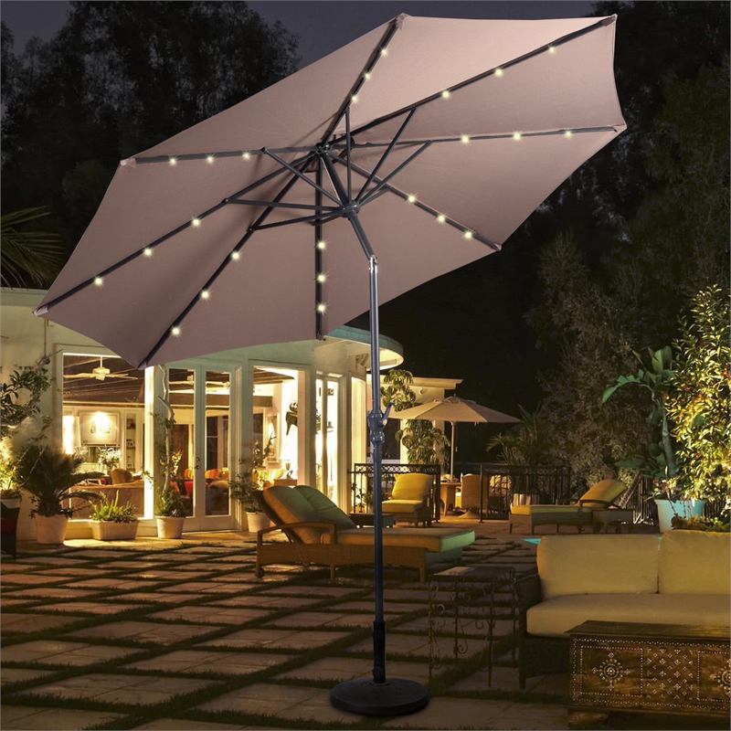 Pemberly Row 10ft Patio Solar Umbrella LED Patio Market Steel Tilt in Brown