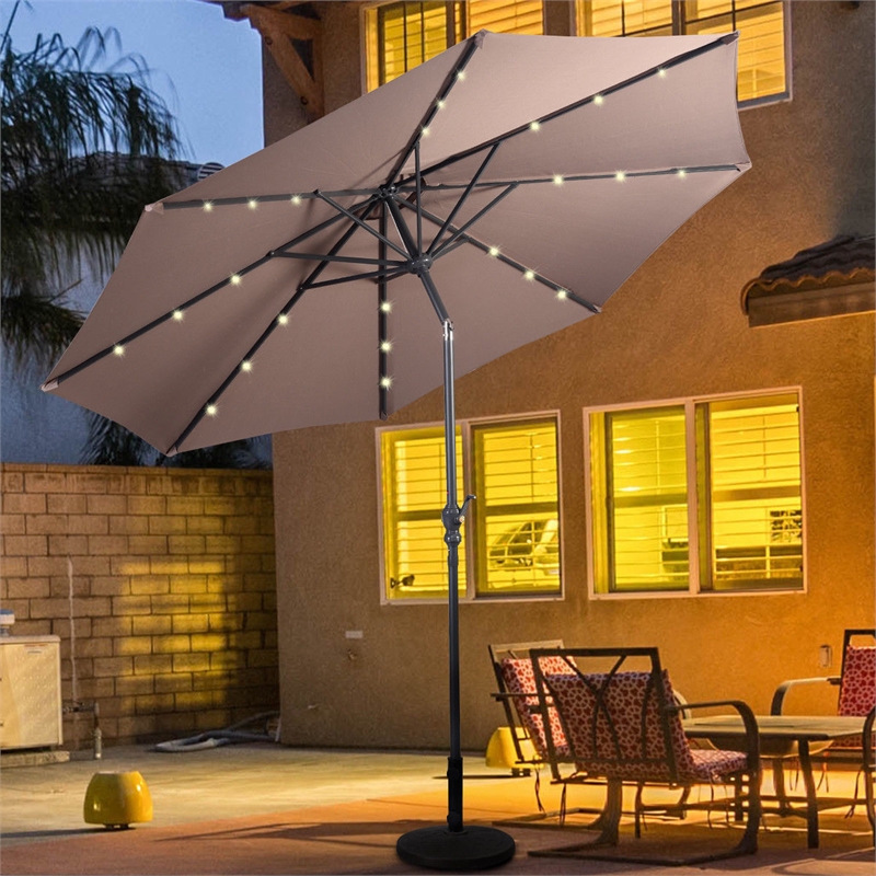 Pemberly Row 10ft Patio Solar Umbrella LED Patio Market Steel Tilt in Brown