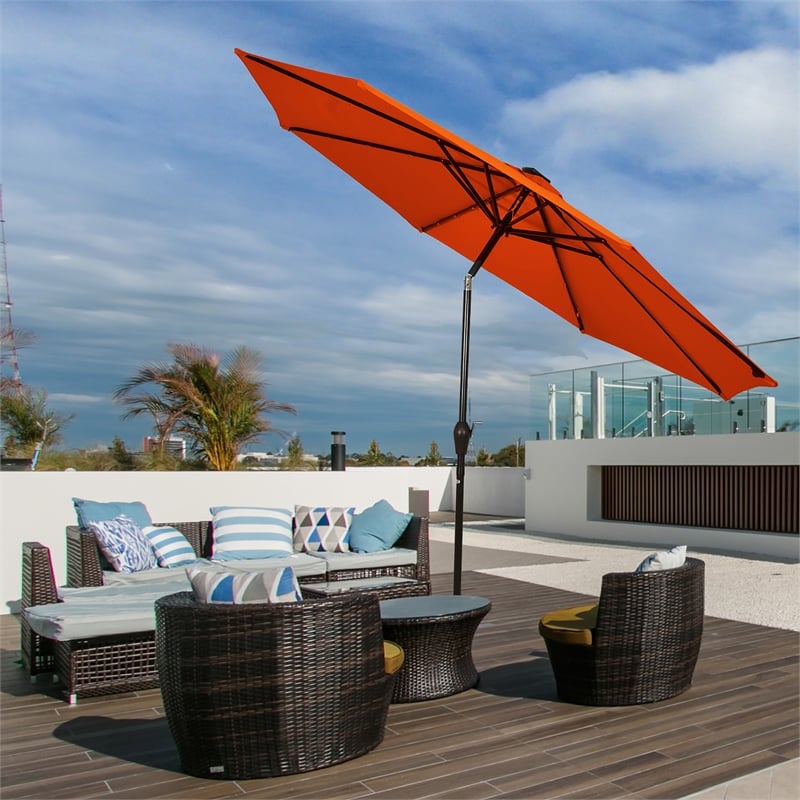 Pemberly Row 10ft Patio Solar Umbrella LED Patio Market Steel Tilt in Orange