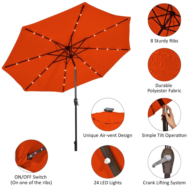 Pemberly Row 10ft Patio Solar Umbrella LED Patio Market Steel Tilt in Orange