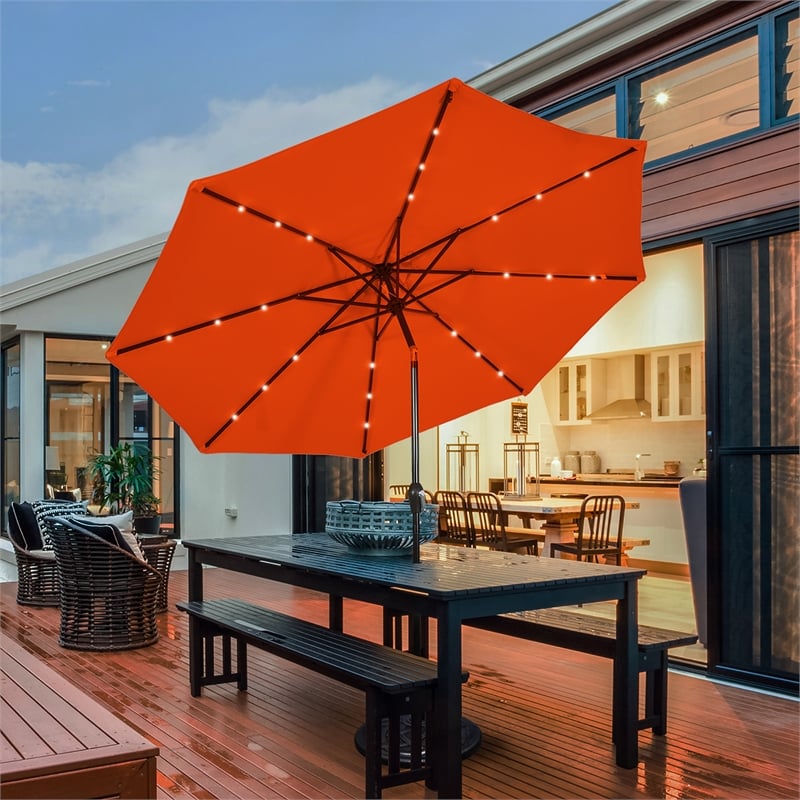 Pemberly Row 10ft Patio Solar Umbrella LED Patio Market Steel Tilt in Orange