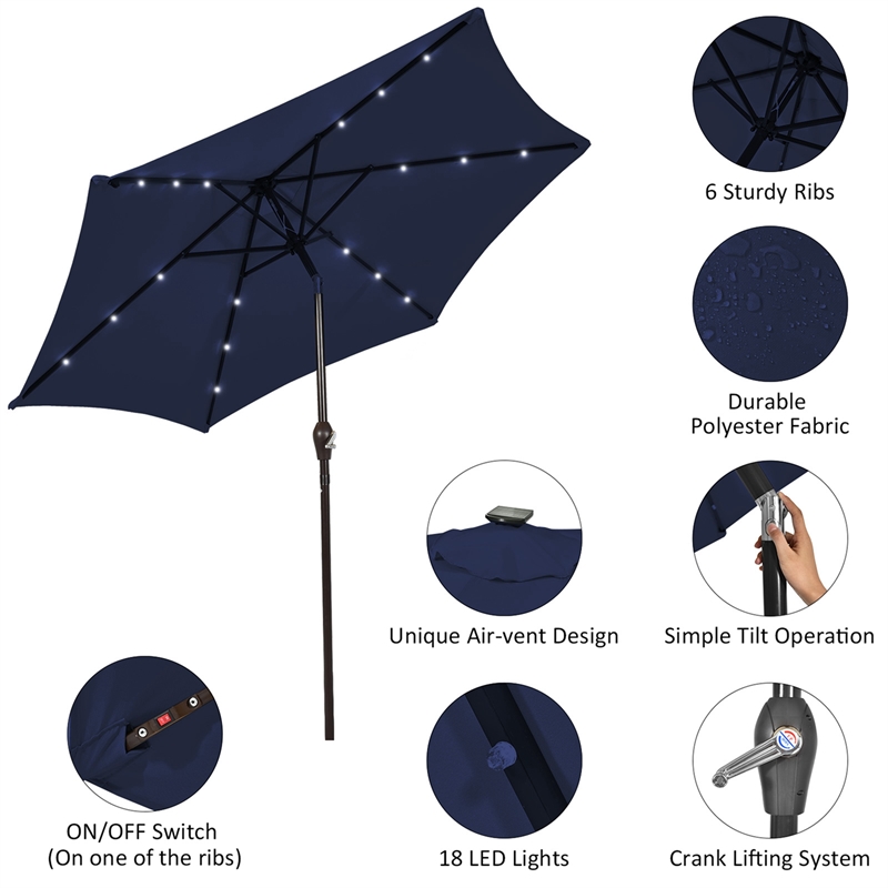 Pemberly Row 10ft Patio Solar Umbrella LED Patio Market Steel Tilt in Navy