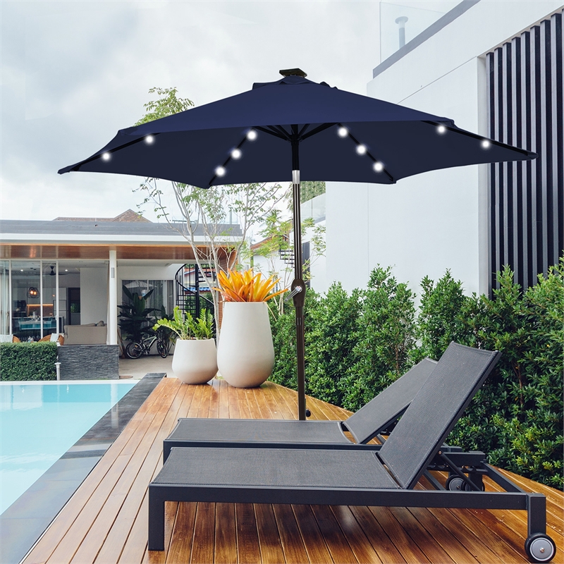 Pemberly Row 10ft Patio Solar Umbrella LED Patio Market Steel Tilt in Navy