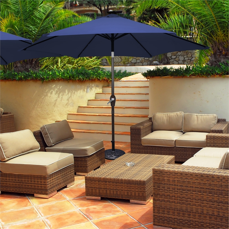 Pemberly Row 10ft Patio Solar Umbrella LED Patio Market Steel Tilt in Navy