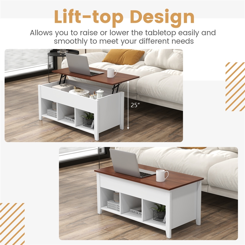 Pemberly Row Lift Top Coffee Table w/ Hidden Compartment & Storage Shelves-White