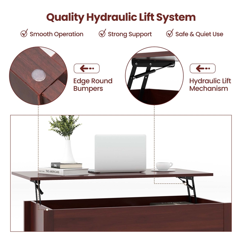 Pemberly Row Lift Top Coffee Table w/ Hidden Compartment & Storage Shelves-Brown