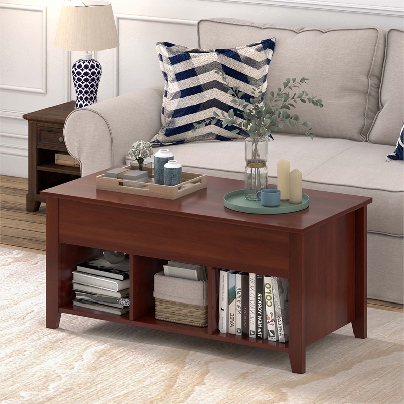 Pemberly Row Lift Top Coffee Table w/ Hidden Compartment & Storage Shelves-Brown