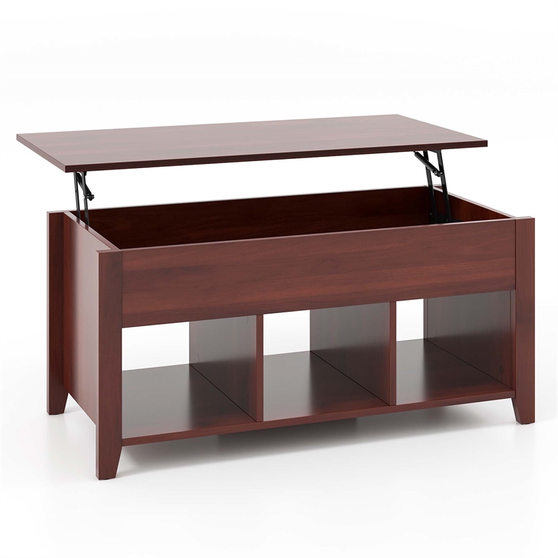 Pemberly Row Lift Top Coffee Table w/ Hidden Compartment & Storage Shelves-Brown