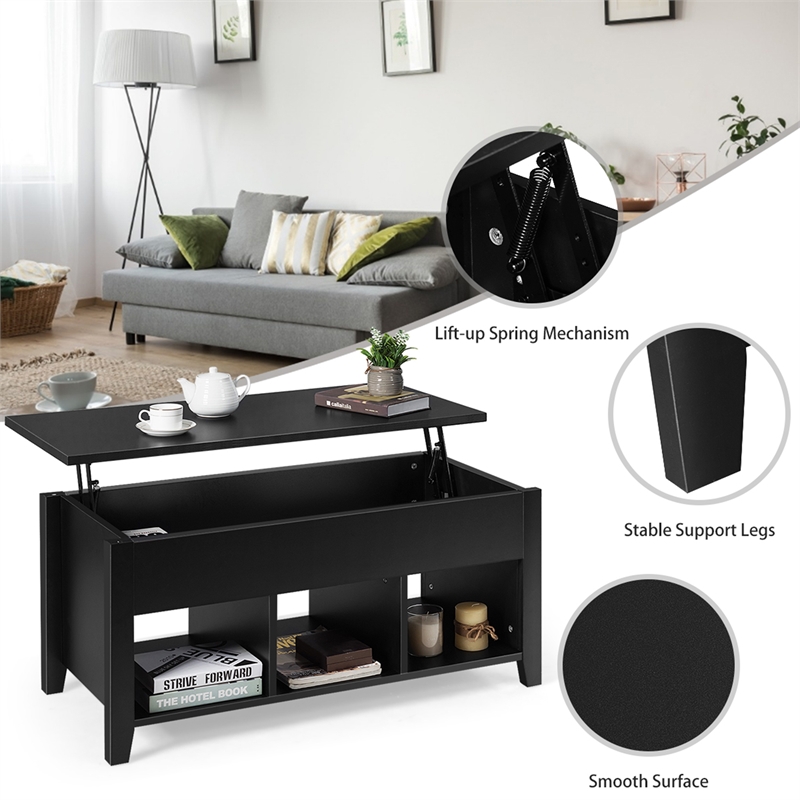 Pemberly Row Lift Top Coffee Table w/ Hidden Compartment & Storage Shelves-Black