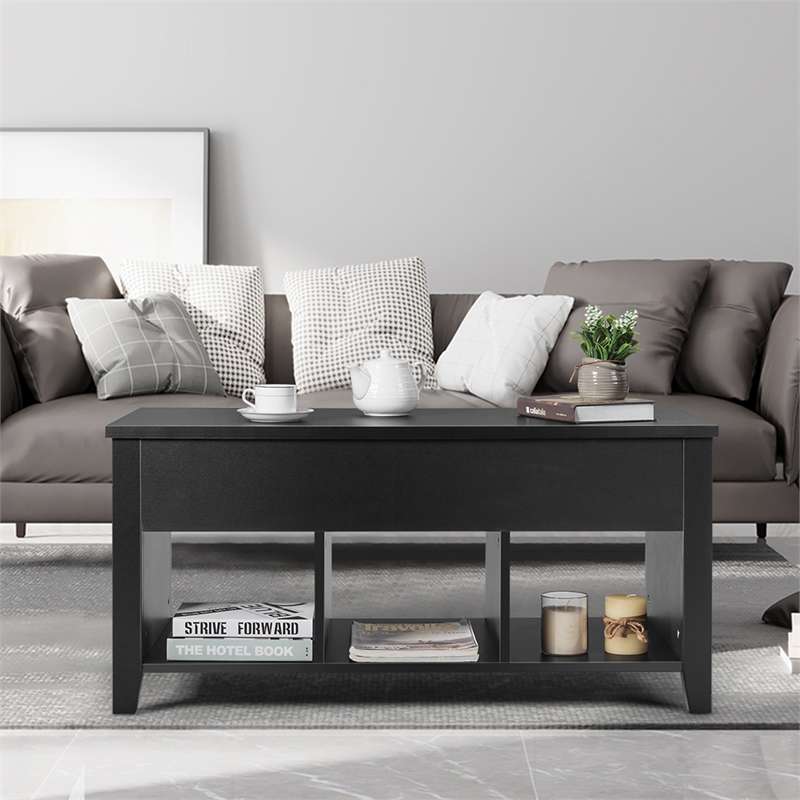 Pemberly Row Lift Top Coffee Table w/ Hidden Compartment & Storage Shelves-Black