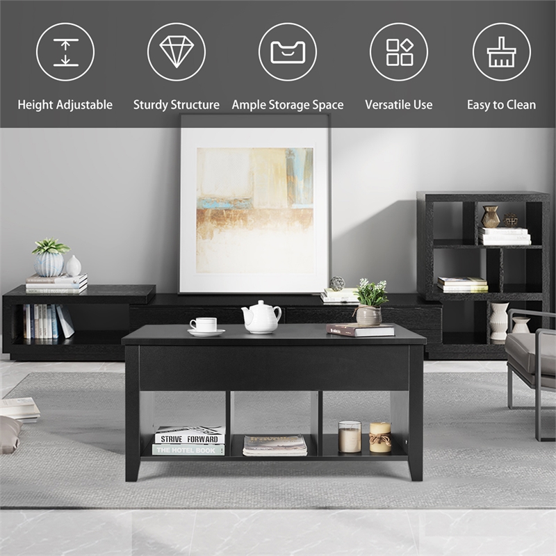 Pemberly Row Lift Top Coffee Table w/ Hidden Compartment & Storage Shelves-Black