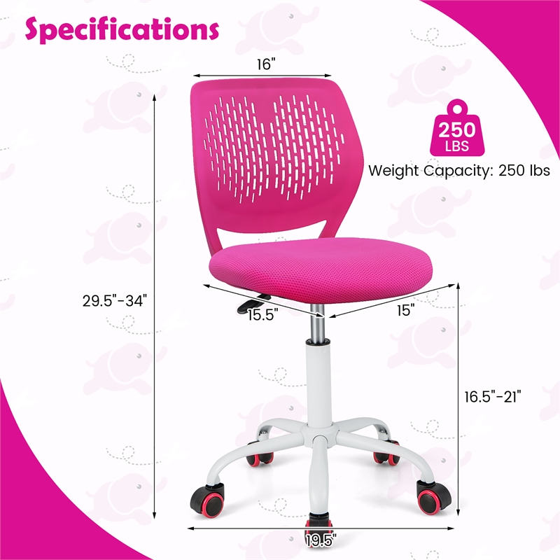 Pemberly Row Height-adjustable Ergonomic Kids Chair w/ Wheels Pink