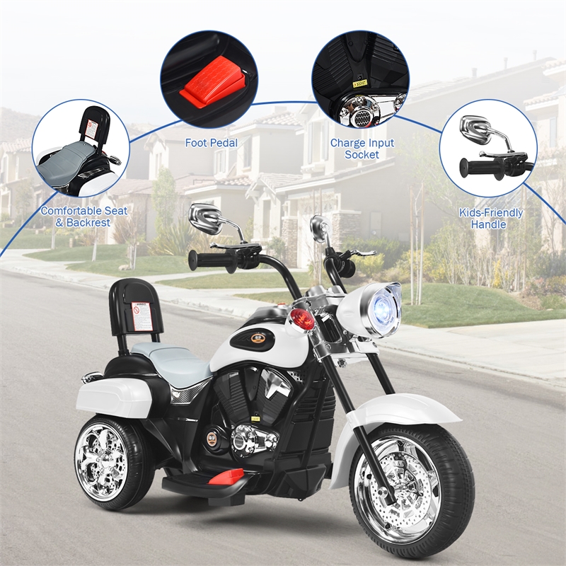 Pemberly Row 6V Kids Ride On Chopper Motorcycle 3 Wheel Trike White