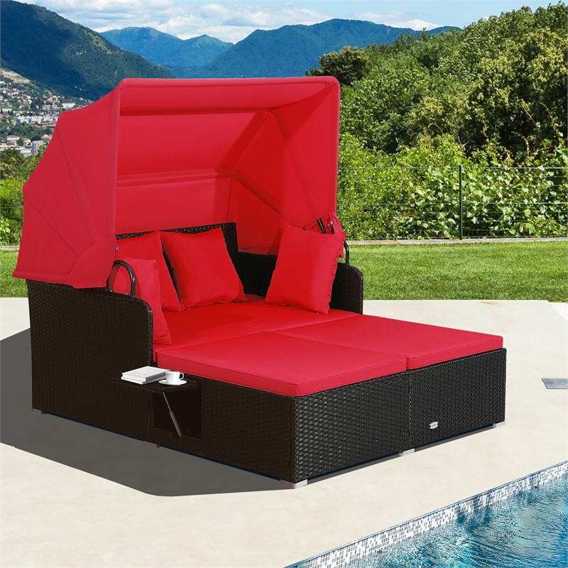 Pemberly Row Patio Rattan Daybed Lounge Retractable Top Canopy Red