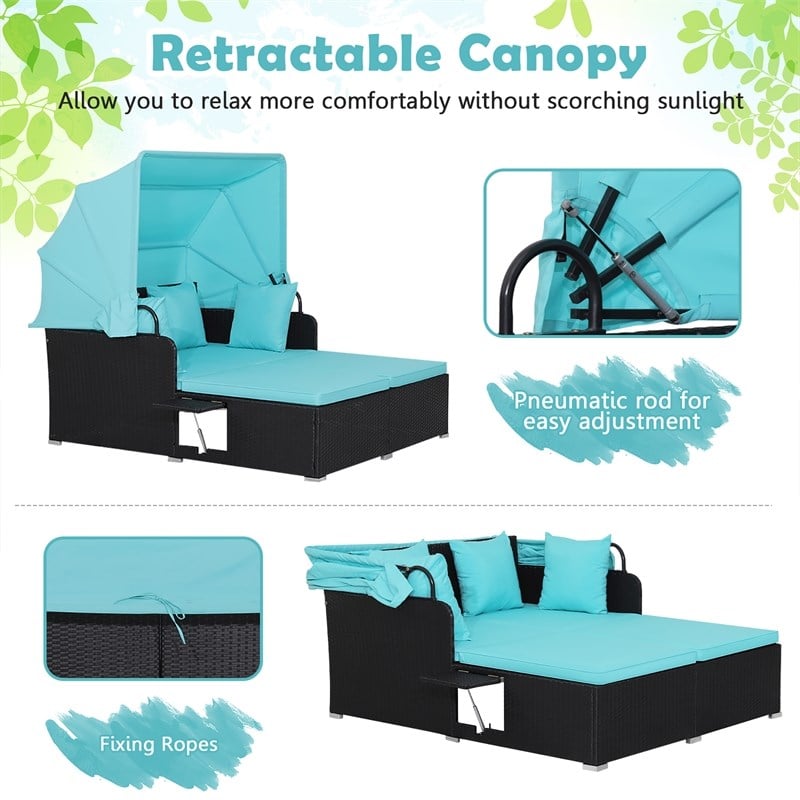 Pemberly Row Patio Rattan Daybed Lounge Retractable Top Canopy Turquoise