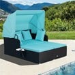 Pemberly Row Patio Rattan Daybed Lounge Retractable Top Canopy Turquoise