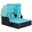 Pemberly Row Patio Rattan Daybed Lounge Retractable Top Canopy Turquoise