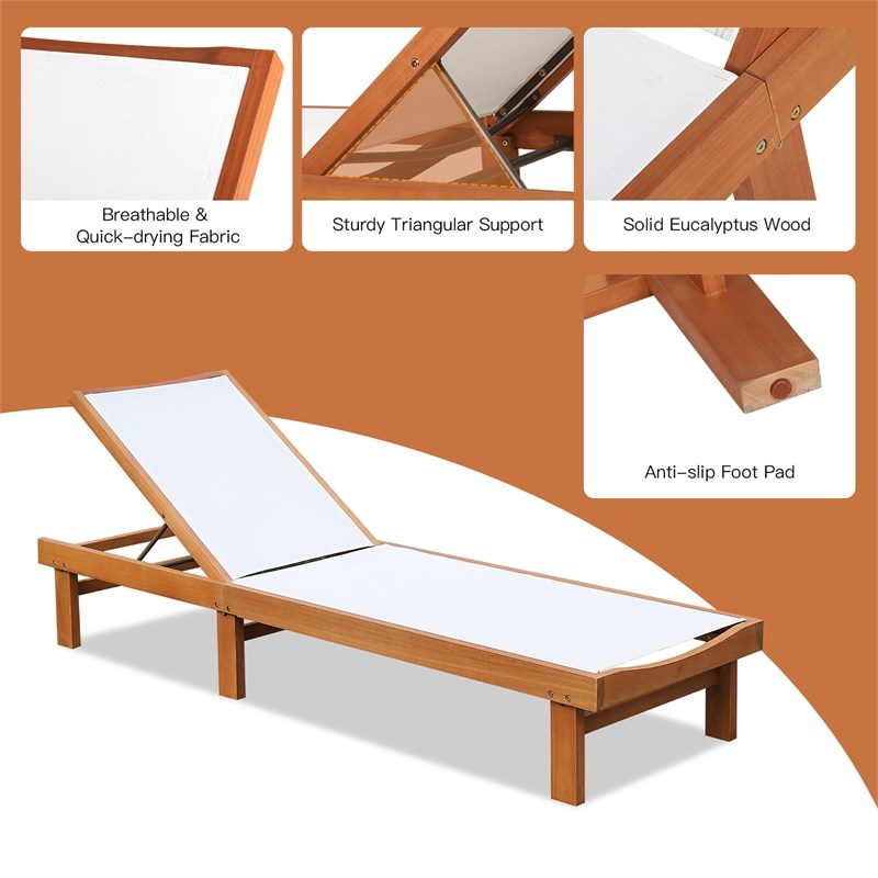 Pemberly Row Patio Lounge Chair with 5 Postion Adjustable Backrest White