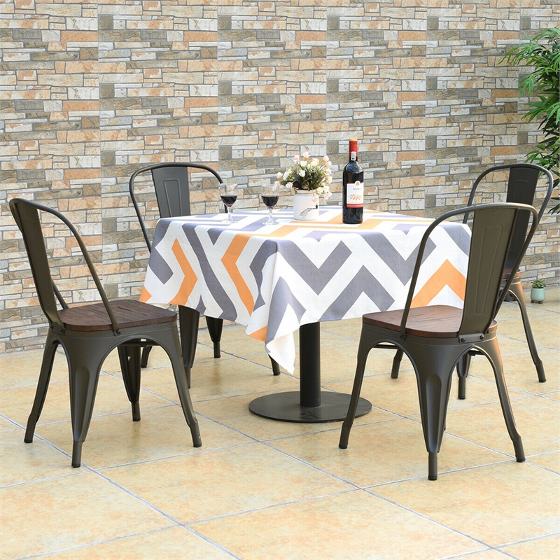 Pemberly Row Set of 4 Style Metal Dining Side Chair Wood Seat Stackable Gray