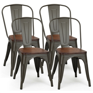 Pemberly Row Set of 4 Style Metal Dining Side Chair Wood Seat Stackable Gray