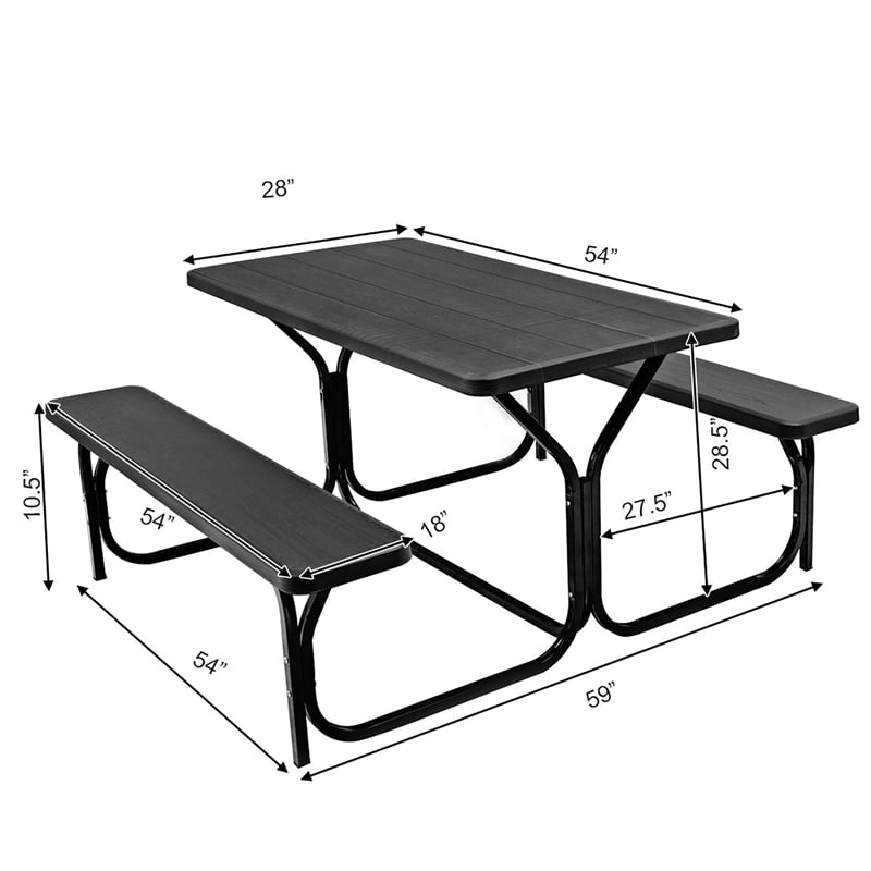 Pemberly Row Picnic Table Bench Set Outdoor Backyard Iron Garden Black