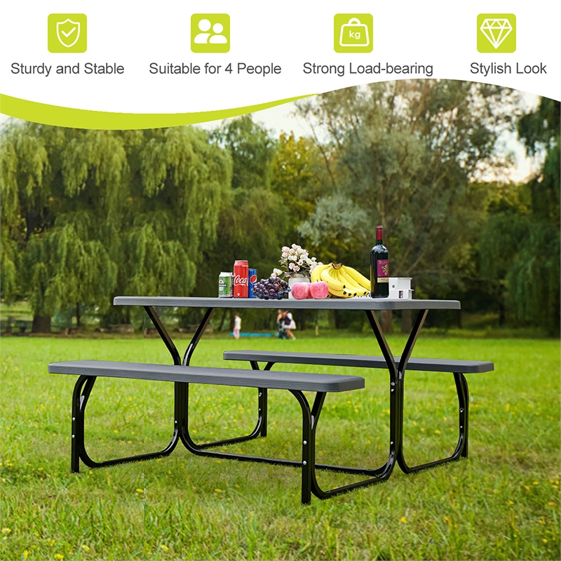 Pemberly Row Picnic Table Bench Set Outdoor Backyard Iron Garden Black