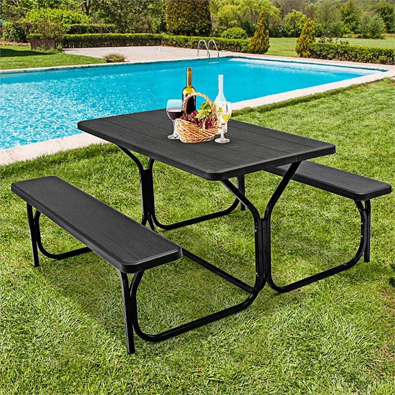 Pemberly Row Picnic Table Bench Set Outdoor Backyard Iron Garden Black