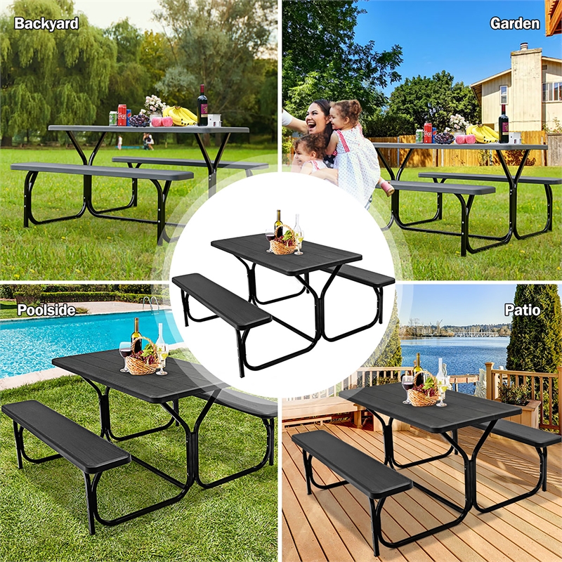 Pemberly Row Picnic Table Bench Set Outdoor Backyard Iron Garden Black