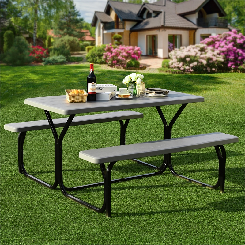 Pemberly Row Picnic Table Bench Set Outdoor Backyard Iron Garden Gray
