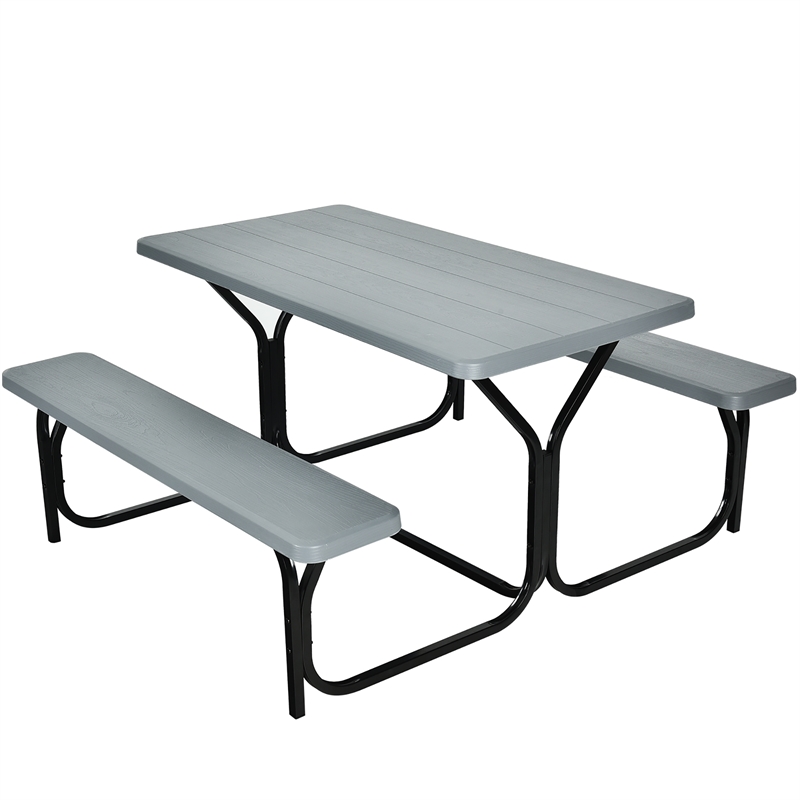 Pemberly Row Picnic Table Bench Set Outdoor Backyard Iron Garden Gray