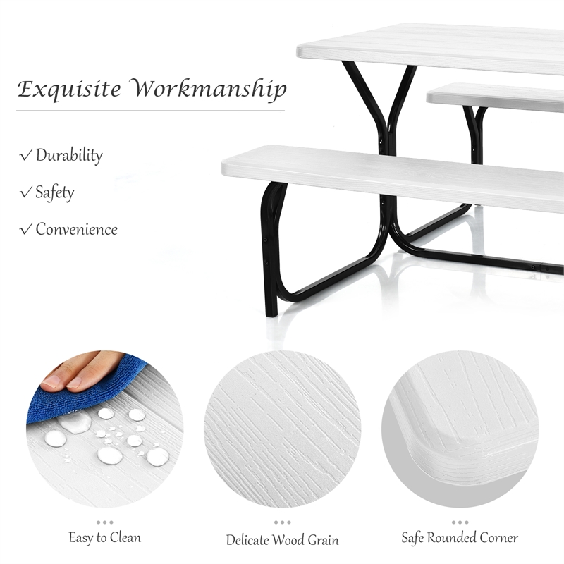 Pemberly Row Picnic Table Bench Set Outdoor Backyard Iron Garden White