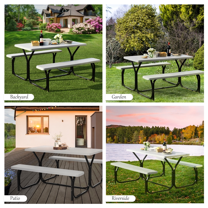 Pemberly Row Picnic Table Bench Set Outdoor Backyard Iron Garden White