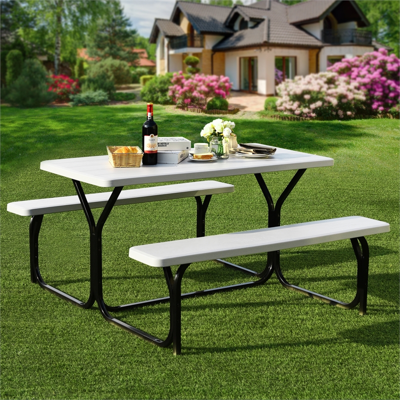 Pemberly Row Picnic Table Bench Set Outdoor Backyard Iron Garden White