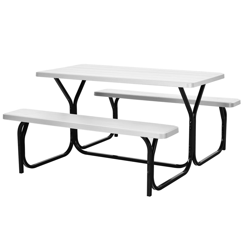 Pemberly Row Picnic Table Bench Set Outdoor Backyard Iron Garden White