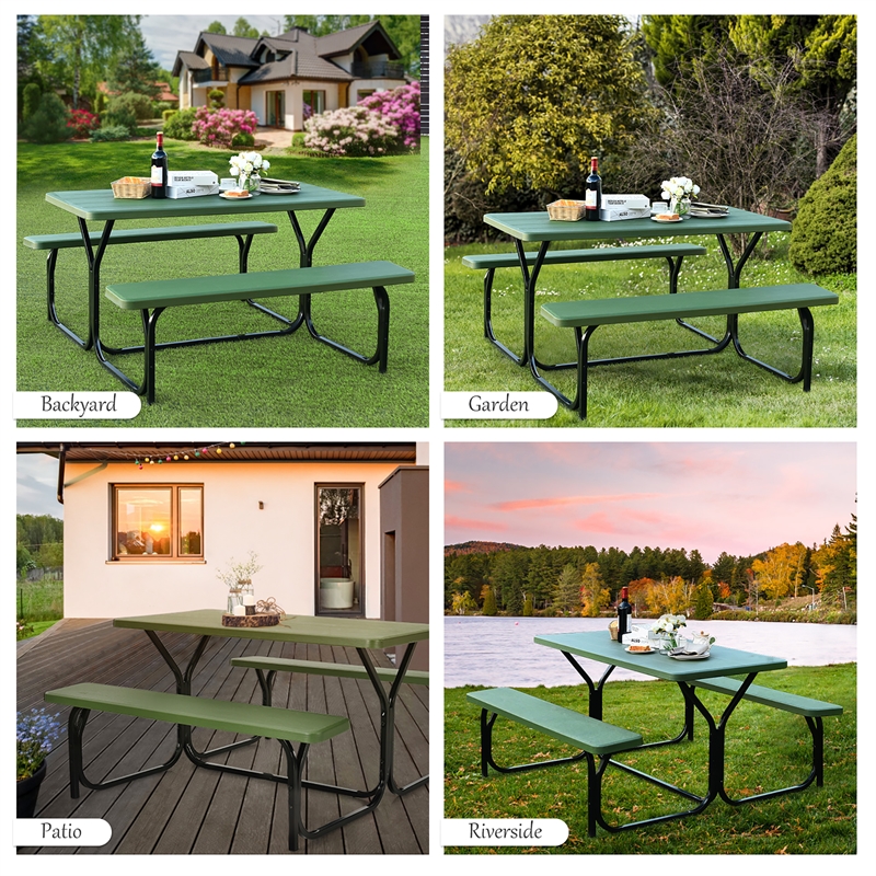 Pemberly Row Picnic Table Bench Set Outdoor Backyard Iron Garden Green