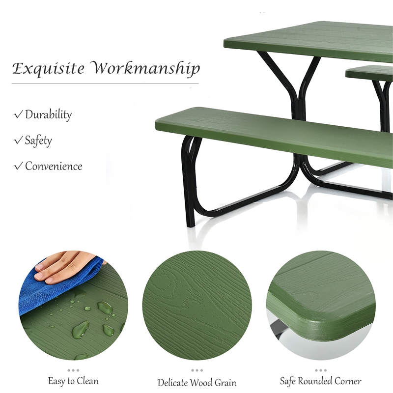 Pemberly Row Picnic Table Bench Set Outdoor Backyard Iron Garden Green