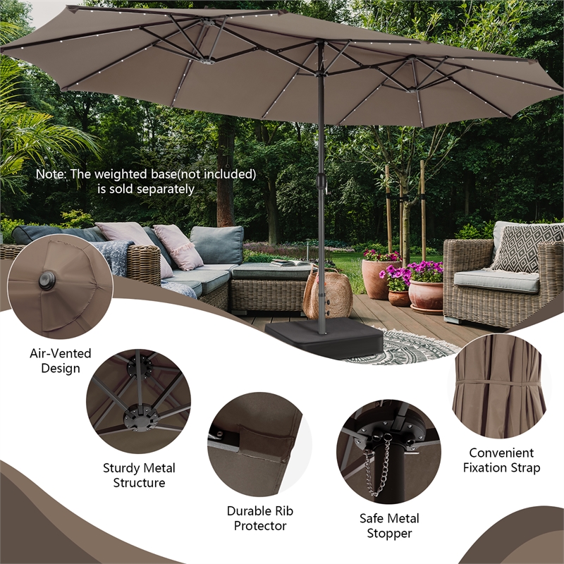 Pemberly Row 15FT Twin Patio Double-Sided Umbrella 48 Solar LED Lights Coffee