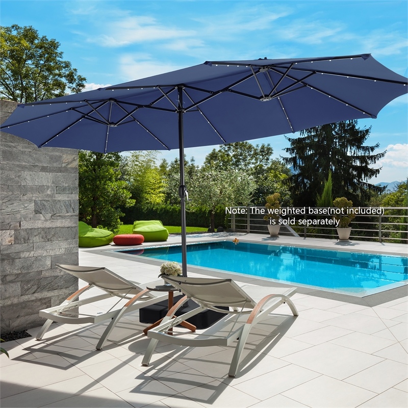 Pemberly Row 15FT Twin Patio Double-Sided Umbrella 48 Solar LED Lights Navy