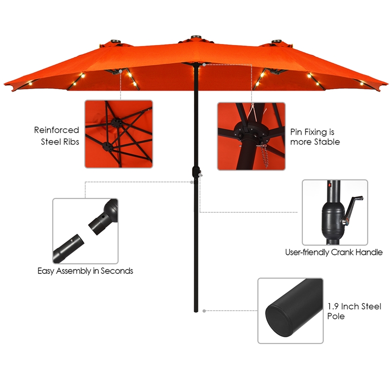 Pemberly Row 15FT Twin Patio Double-Sided Umbrella 48 Solar LED Lights Orange