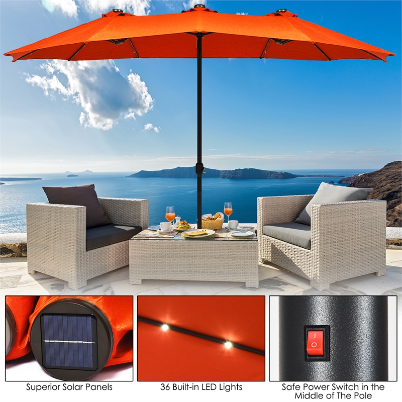 Pemberly Row 15FT Twin Patio Double-Sided Umbrella 48 Solar LED Lights Orange