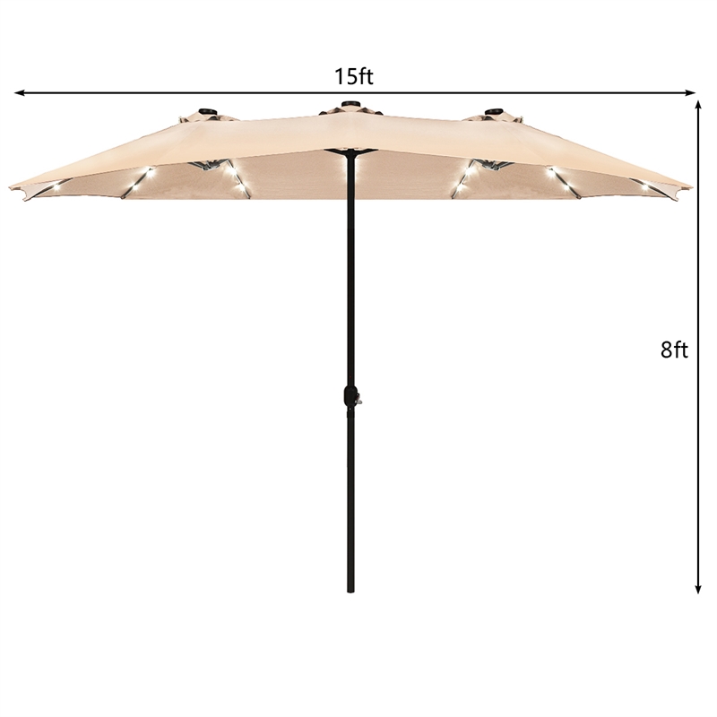 Pemberly Row 15FT Twin Patio Double-Sided Umbrella 48 Solar LED Lights Beige
