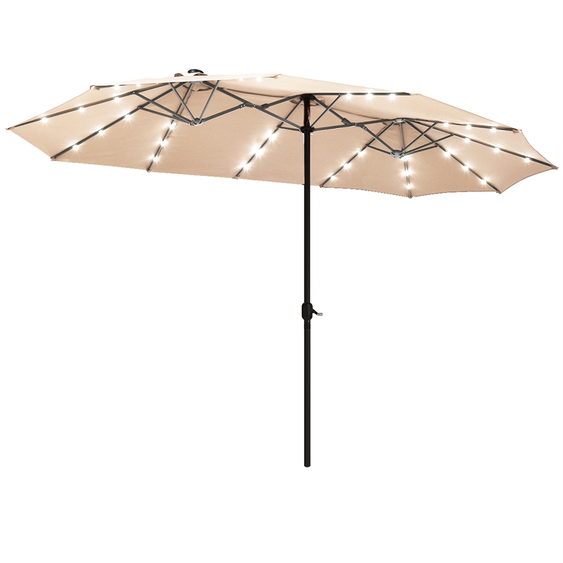 Pemberly Row 15FT Twin Patio Double-Sided Umbrella 48 Solar LED Lights Beige