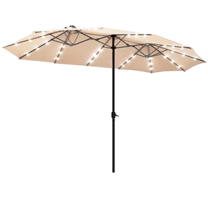 Pemberly Row 15FT Twin Patio Double-Sided Umbrella 48 Solar LED Lights Beige