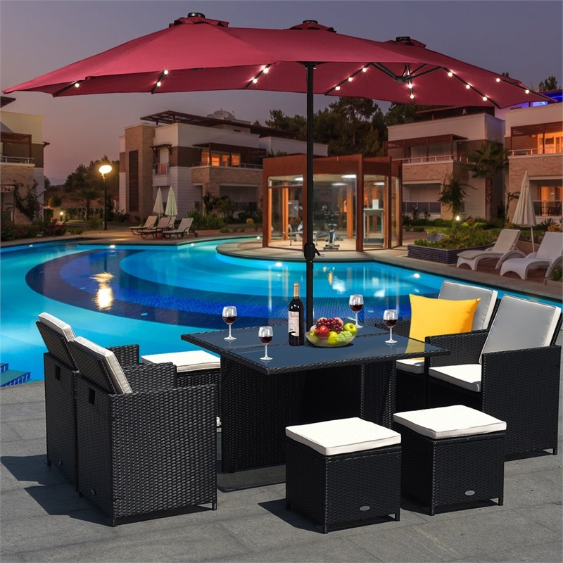 Pemberly Row 15FT Twin Patio Double-Sided Umbrella 48 Solar LED Lights Wine