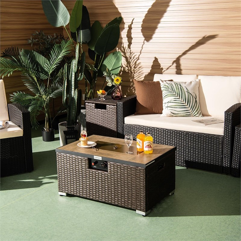 Pemberly Row 32''x 20'' Propane Fire Pit Table Set w/ Side Table Tank Brown