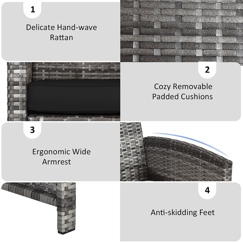 Pemberly Row 4PCS Patio Rattan Furniture Set Conversation Sofa Cushioned Black